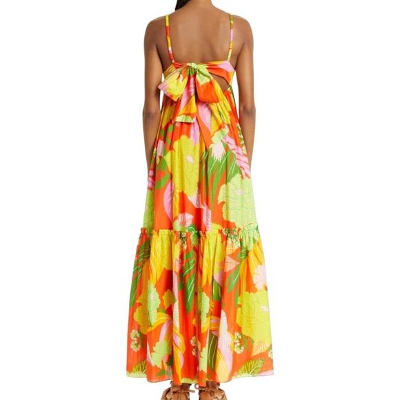 Farm Rio Red Neon Floral Tiered Cotton Maxi Dress Size XL - Picture 3 of 16